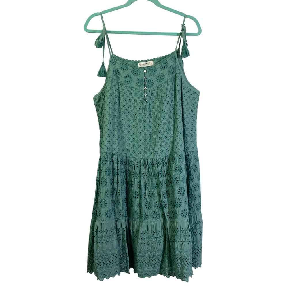 LUCKY BRAND Dress Large Tiered‎ Eyelet Shoulder Tassel Ties Lined Boho Midi NWOT